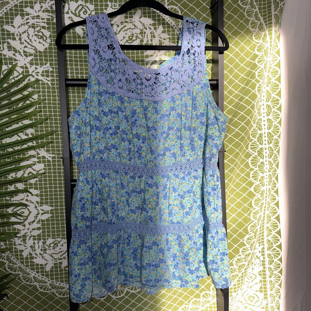 Bandolino Denim Vintage Floral Crochet Lace Tiered Boho Tank Top XL Blue